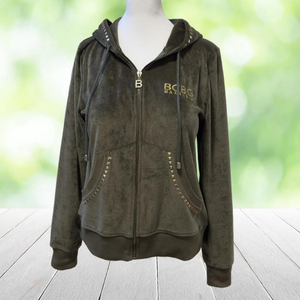 Vintage Y2K BCBG MAX AZRIA Velour Hoodie McBling Glam Gold Studded Olive Size L